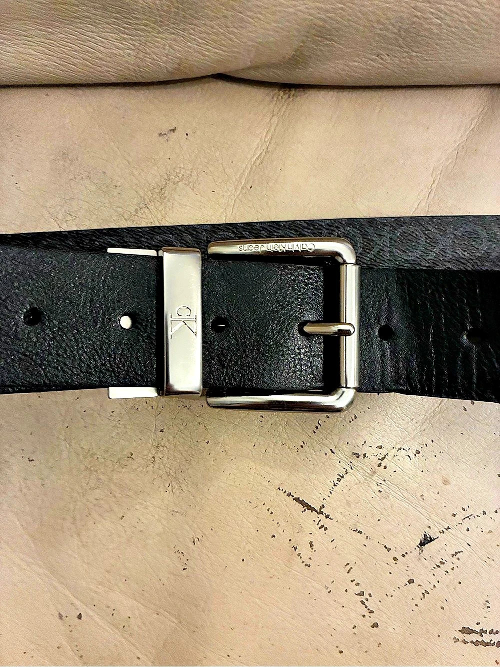 Calvin Klein Black Leather Belt with Silver-Tone Buckle Reversible
